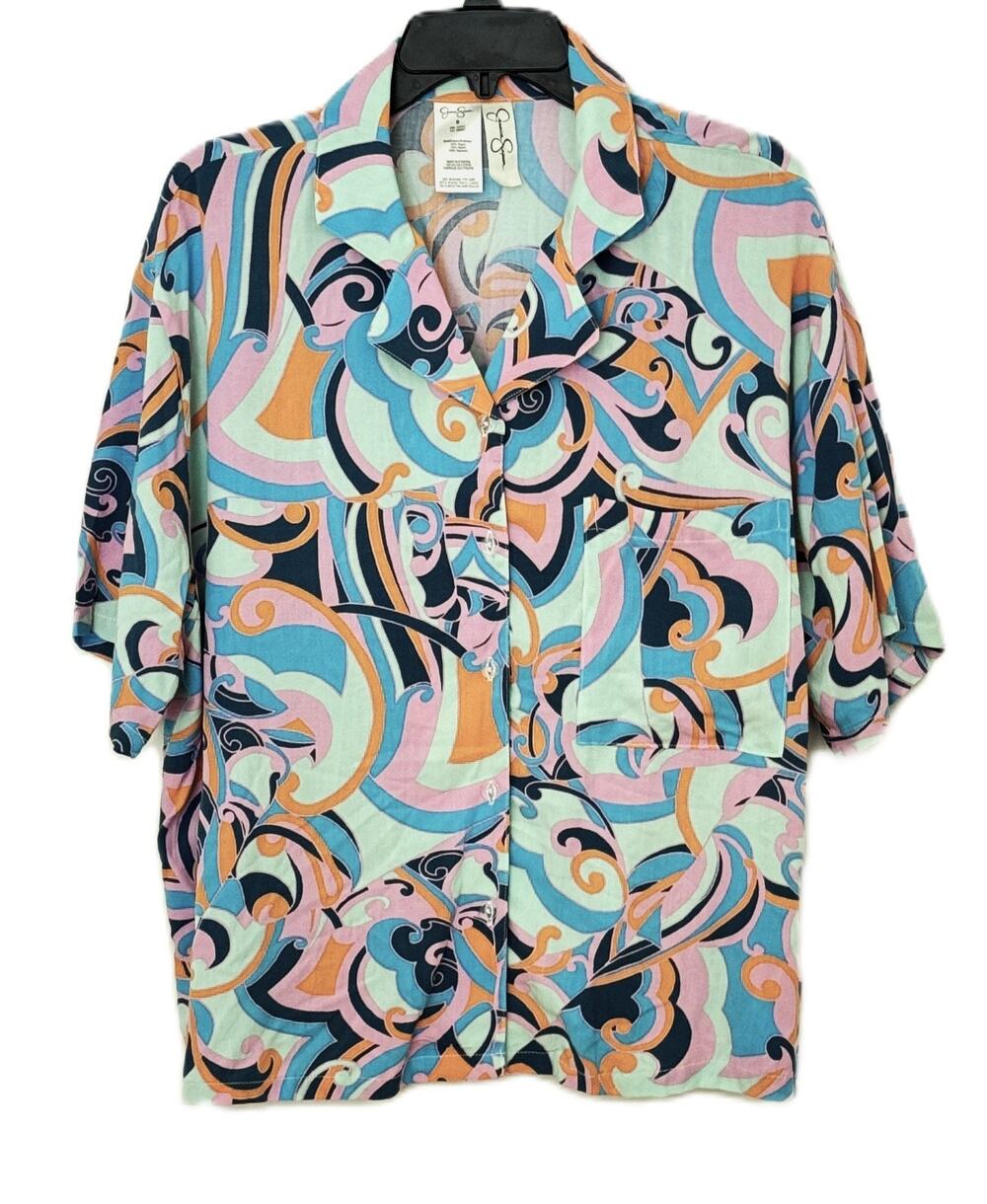 Jessica Simpson Oversized Rayon Button Up Shirt S Psychedelic Retro Boho